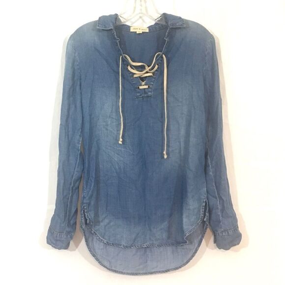 Cloth and stone denim look tunic laced neck top XS - Picture 1 of 5
